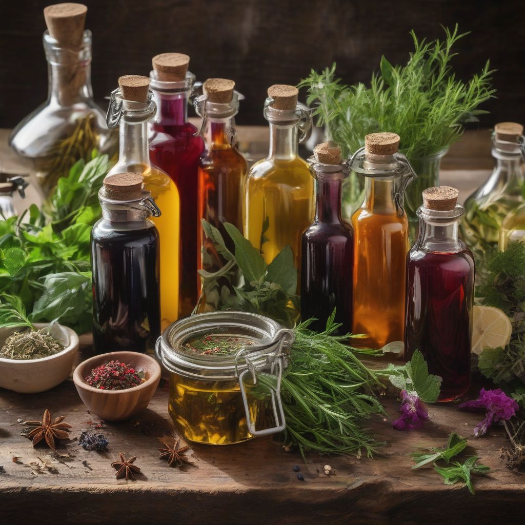 Homemade herbal vinegars and oxymels in glass bottles.