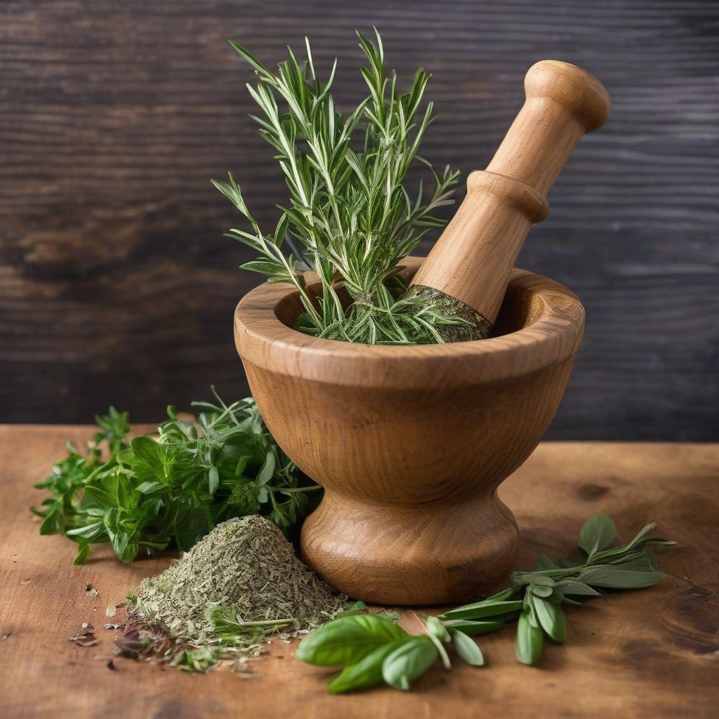 Kitchen Herbs in a Mortar